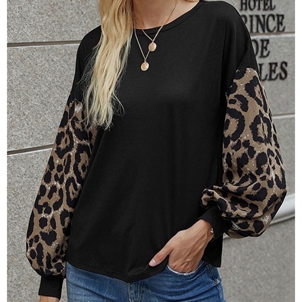 (CL) Womens Black Leopard Print Balloon Sleeve Crew Neck Pullover Top Size M